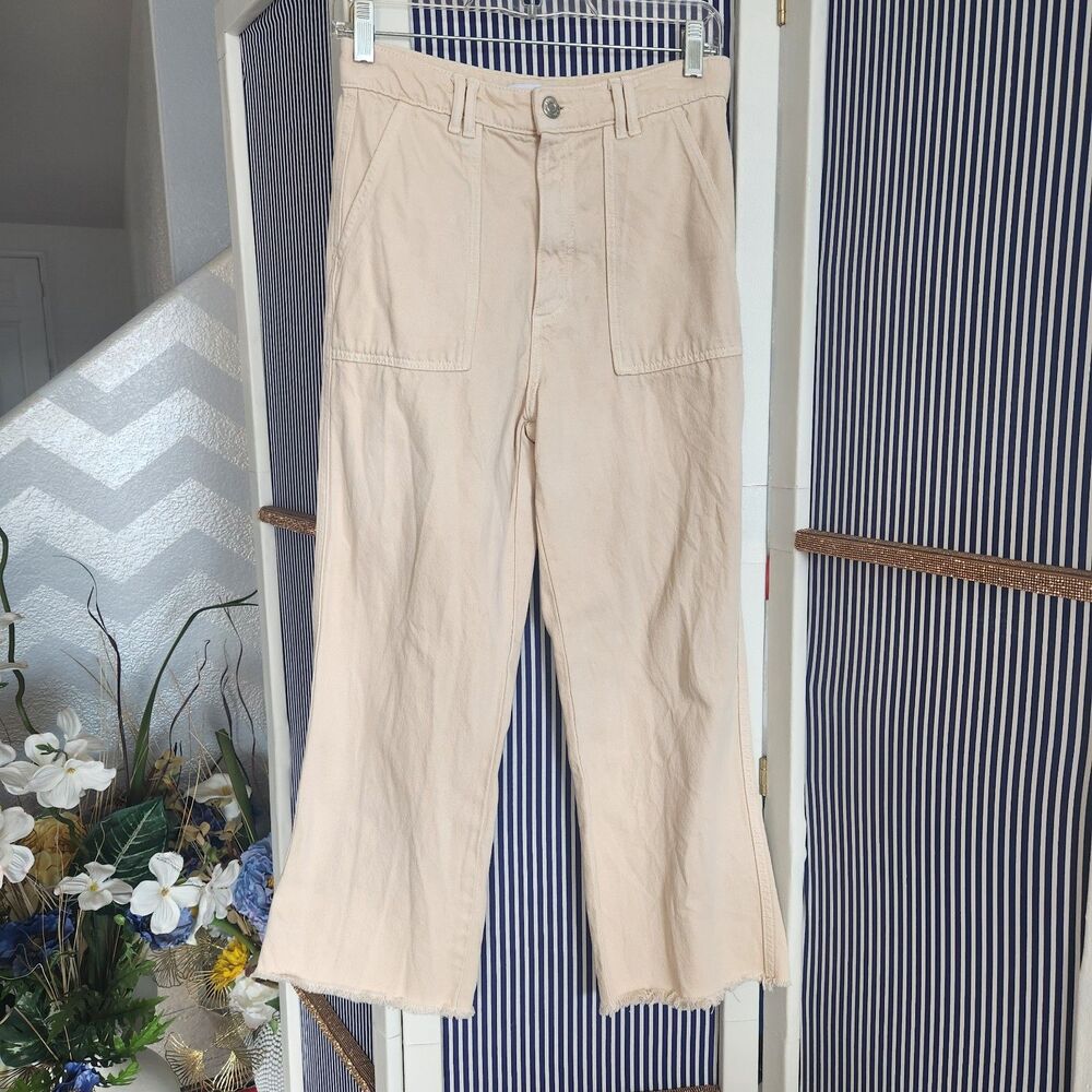 Zara Cream High Rise Frayed Hem Jeans Size S
